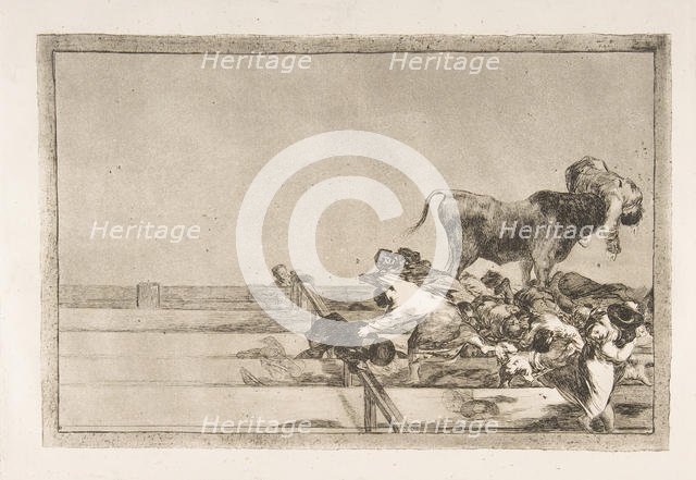Plate 21 from the 'Tauromaquia': Dreadful events in the front rows of the ring at Madrid a..., 1816. Creator: Francisco Goya.