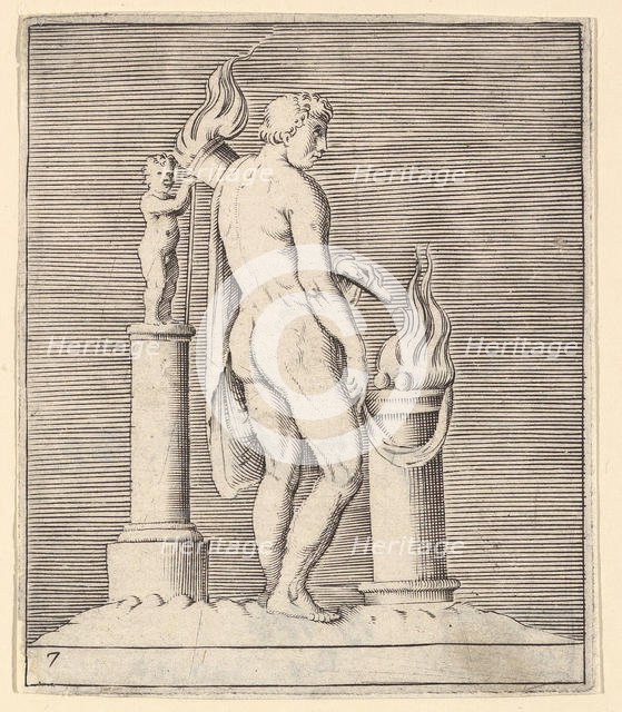 Man with Torch between Flaming Altar and Statuette, published ca. 1599-1622. Creator: Unknown.