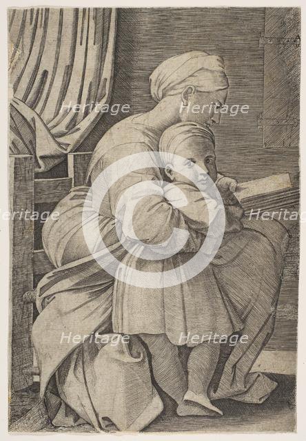 The Virgin in profile facing right reading to the infant Christ, ca. 1515-27. Creator: Attributed to Marco Dente (Italian, Ravenna, active by 1515-died 1527 Rome).