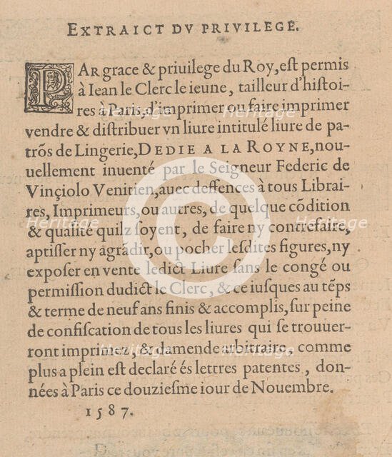 Les Singuliers et Nouveaux Portraicts... page 3 (verso), 1588. Creator: Federico de Vinciolo.