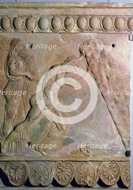 Roman terracotta Campana plaque showing Theseus lifting a huge rock. Artist: Unknown