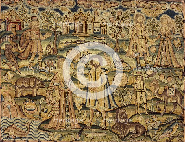 Embroidery panel showing people, flowers, insects, fish and animals, 17th century. Artist: Unknown