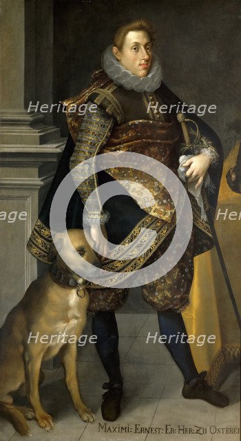 Archduke Maximilian Ernest of Austria (1583-1616) with a hunting dog, 1604. Artist: Heintz, Joseph, the Elder (1564-1609)