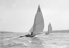 The 6 Metre 'The Whim' (L6) and 'Correnzia' racing downwind, 1911. Creator: Kirk & Sons of Cowes.