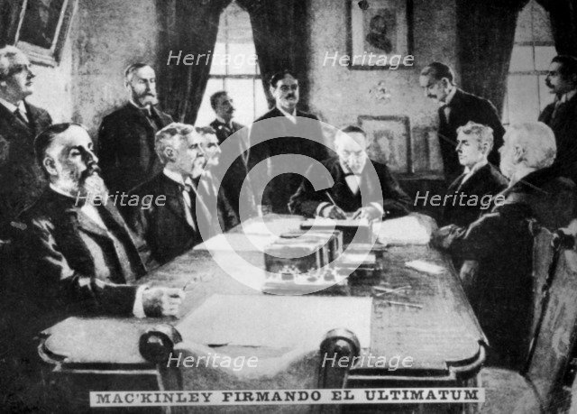 McKinley signs the ultimatum, 12th April 1898, (c1910). Artist: Unknown