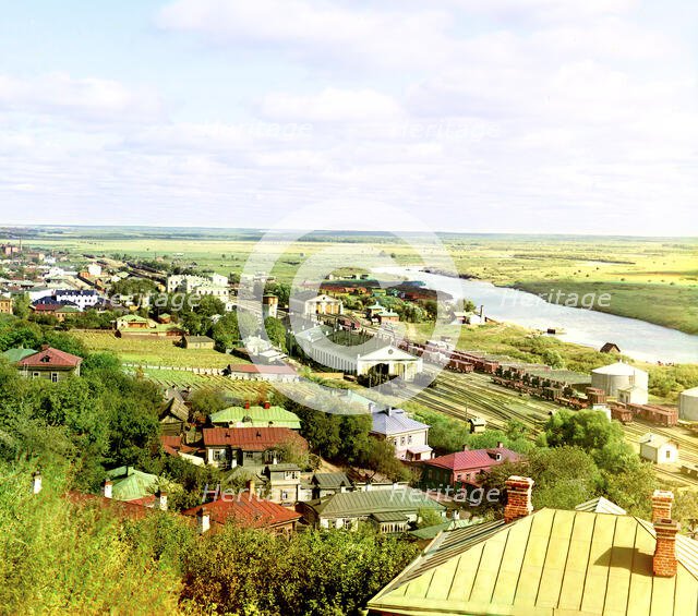 View of the railroad, city of Vladimir, Klyazma River, and water-meadows, 1911. Creator: Sergey Mikhaylovich Prokudin-Gorsky.