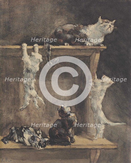Cats and kittens on a dresser. Creator: Renouard, Paul (1845-1924).
