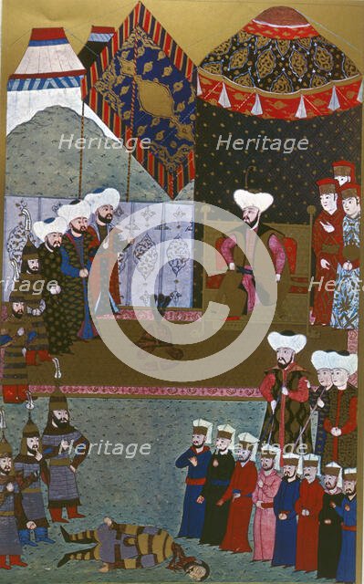 Murat II, with one blow of his sword cuts in two the steel helmet of the Hungarian... (1584-1589). Creator: Unknown.