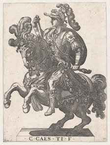 Plate 4: Emperor Gaius on Horseback, from 'The First Twelve Roman Caesars', 1596. Creator: Antonio Tempesta.