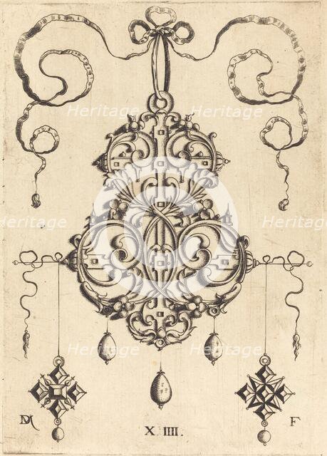 Strapwork Pendant with Three Drops and Two Cross-Shaped Pendants as Earrings at Left and Right. Creator: Daniel Mignot.