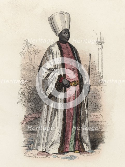 Kislaw Agazzi I, African king in the modern age, color engraving 1870.