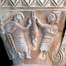 Rabbits hunters, detail of a capital in the cloister of the Monastery of Santa María de l'Estany.