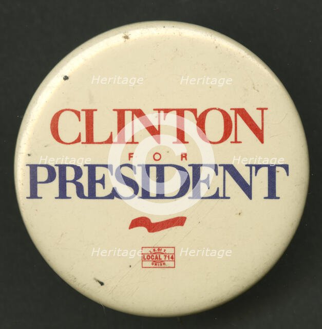 Pinback button for Clinton presidential campaign, 1992-1996. Creator: Unknown.