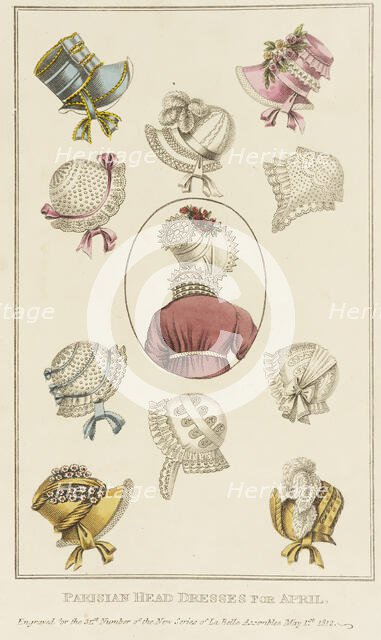 Fashion Plate (Parisian Head Dresses for April), 1812. Creator: John Bell.