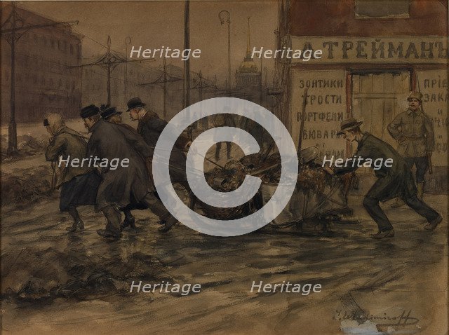 Rich merchants and Russian noblemen set to pulling out rubbish from yards, 1920.