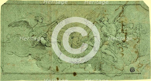 Musician Angels in Clouds (recto); Seated Cleric (verso), n.d. Creator: Guido Reni.