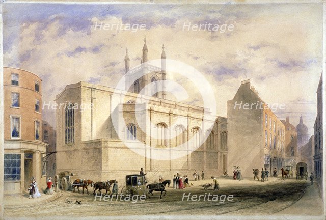 View of St Mary Aldermary with a street scene in Watling Street, City of London, c1850.              Artist: Anon