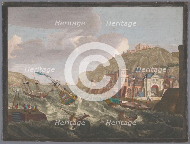 View of a southern harbor with ships and boats on the wild water, 1700-1799. Creators: Anon, Pierre Maleuvre.
