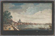 View of London Bridge over the River Thames in London, seen from the garden of Somerset House, 1750. Creator: Edward Rooker.