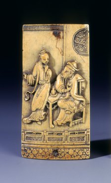 Rectangular ivory panel with figures by a table, Kangxi period, Qing dynasty, China, 1662-1722. Artist: Unknown