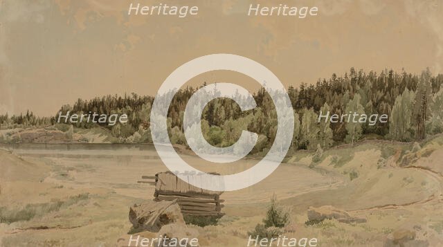 Järvenlahti landscape, an old barn in the foreground and a wooded shore in the background, 1857. Creator: Werner Holmberg.