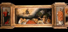Predella with three scenes of Saint Roch, and figures of Saint Peter, Christ as..., c1580- 1620. Creator: Unknown.