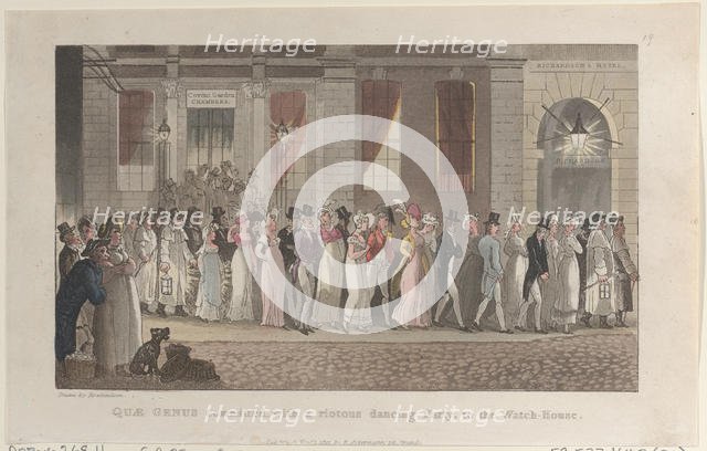 Quae Genus Committed, with a Riotous Dancing Party, to the Watch-House, from "..., November 1, 1821. Creator: Thomas Rowlandson.