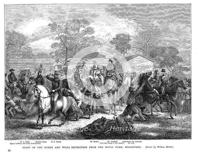 Burke and Wills expedition setting out from Royal Park, Melbourne, Australia, 20 August 1860. Artist: Unknown