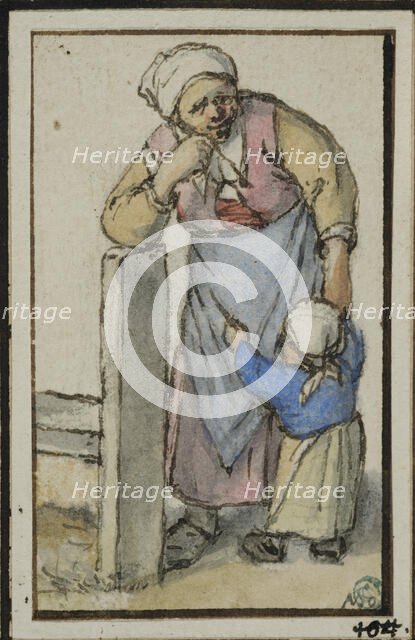 Woman leaning against a post, with a small child. Creator: Adriaen van Ostade.