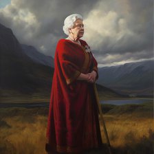 AI IMAGE - Portrait of Queen Elizabeth II in a Highland setting, 2000s, (2023). Creator: Heritage Images.
