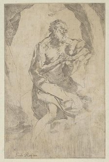 Saint Jerome kneeling on a rock in front of a cross and an open book facing right..., ca. 1600-1640. Creator: Anon.