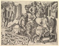 Speculum Romanae Magnificentiae: Roman Horsemen Crossing a Bridge (from Trajan's C..., 16th century. Creator: Marco Dente.