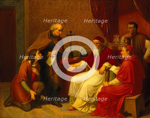 Bramante Presents Raphael to Pope Julius II, ca 1836. Creator: Riepenhausen, Johann Christian (1787-1860).