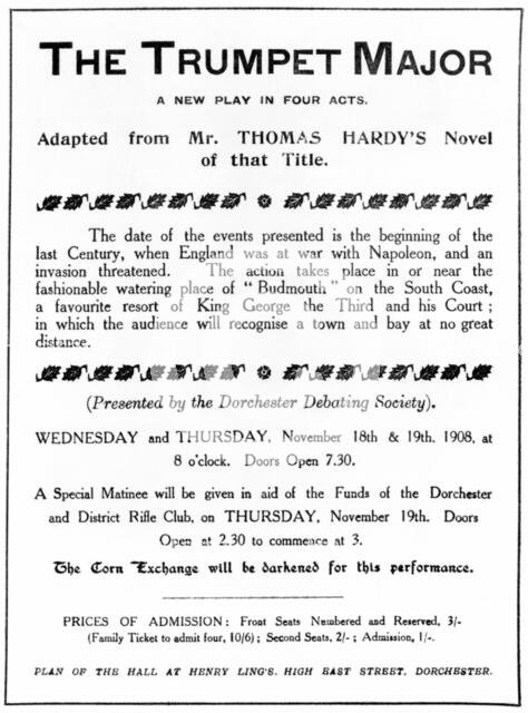 Bill advertising a performance of Thomas Hardy's "The Trumpet Major", 1908. Creator: Unknown.