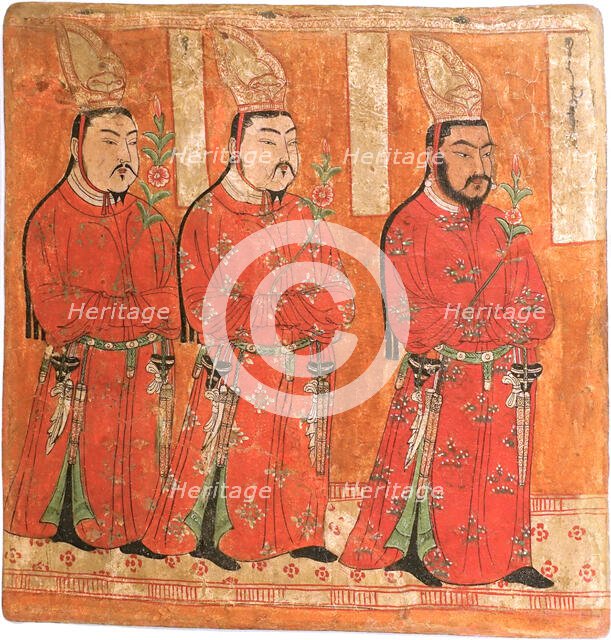 Uyghur Princes wearing Chinese-styled robes and headgear. (From the Bezeklik Caves), 8th-9th century Creator: Central Asian Art.