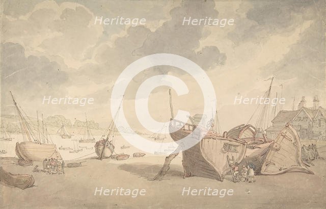 Harbor scene with the tide out, and beached boats, 1775-1827. Creator: Thomas Rowlandson.