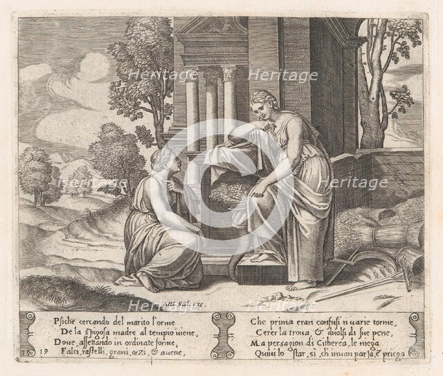 Plate 19: Ceres at right, leaning on a pedestal, refusing to assist Psyche, from the St..., 1530-60. Creator: Master of the Die.