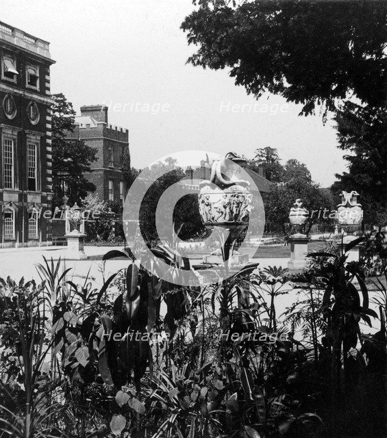 Garden and part of the east front, Hampton Court Palace, Richmond upon Thames, London. Creator: The Fine Art Photographers Co.