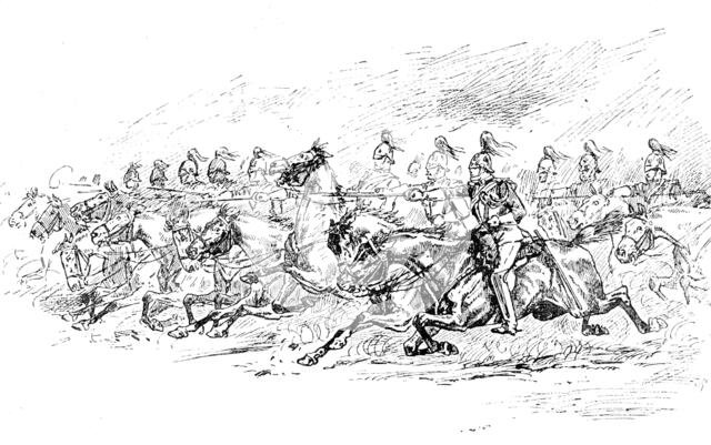 Sketches at the Royal Military Tournament...: charge of 1st Life Guards, 1890. Creator: Unknown.