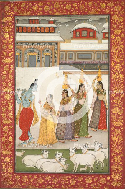 Gujari Ragini (Krishna with Gopis Playing the Flute), from a "Ragamala Series", mid 1700s. Creator: Unknown.