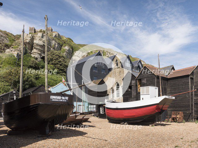Fishing boats and net shops, Stade Beach, Hastings, East Sussex, c2010s. Creator: Steven Baker.