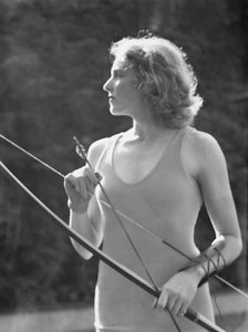Chase, Diana, Miss, doing archery, 1933 June 22. Creator: Arnold Genthe.