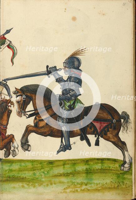 Three Horsemen in Armor from the Time of Emperor Sigismund; Tournament Book, about 1560-1570. Creator: Unknown.