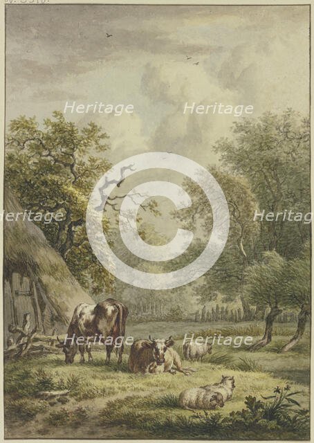 Two cows and three sheep are grazing by a hut. Creator: Jan Hulswit.