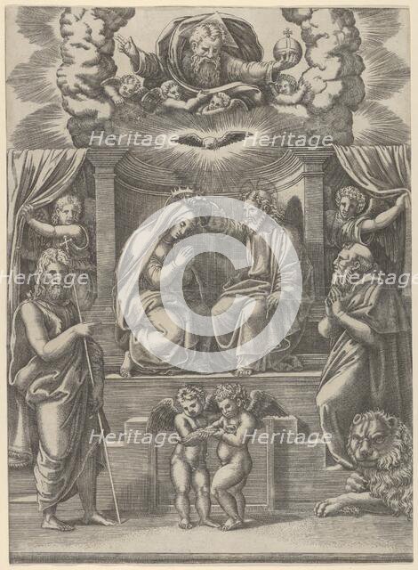 The coronation of the Virgin, God the Father above, St Jerome lower right and St John t..., 1530-60. Creator: Master of the Die.