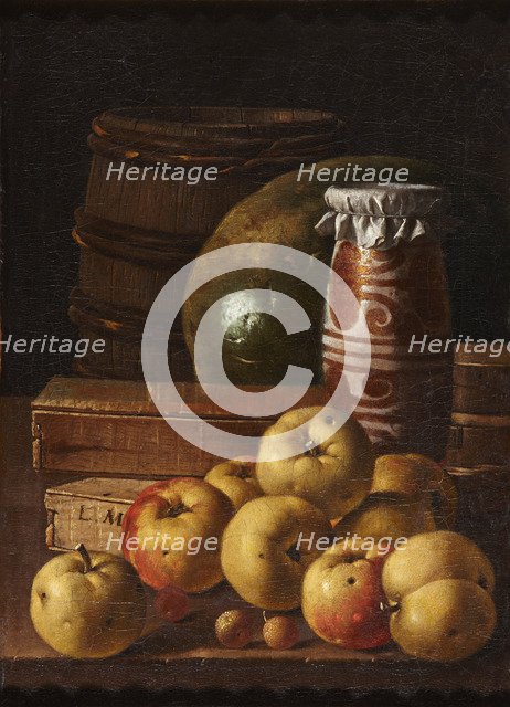 Still life with apples, strawberries, watermelon, box of sweets, jar of honey and barrel, Mid of the