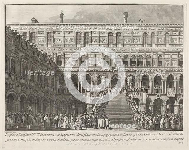 The Doge Crowned on the Scala dei Giganti of the Ducal Palace, 1763/1766. Creator: Giovanni Battista Brostoloni.