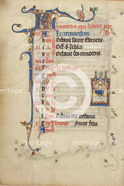 Calendar Page for January: Feasting: Janus; Ruskin Hours, about 1300. Creator: Unknown.