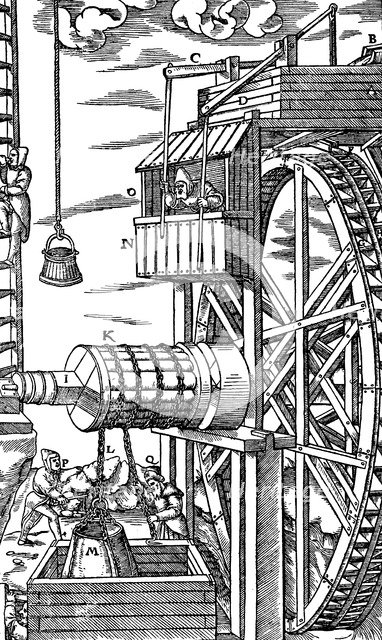 Reversible hoist for raising leather buckets from a mine shaft, 1556. Artist: Unknown