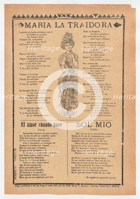 Broadsheet with three ballads about love, a woman wearing a dress and hat p..., ca.1920 (published). Creator: José Guadalupe Posada.